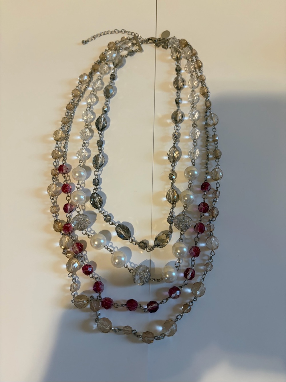 Multi-Strand Pearl & Crystal Necklace - White, Red, Champagne